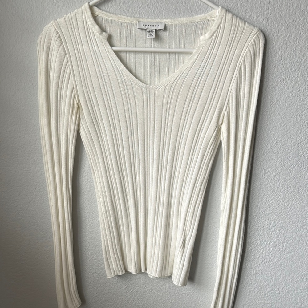 Topshop White Ribbed V-Neck Top